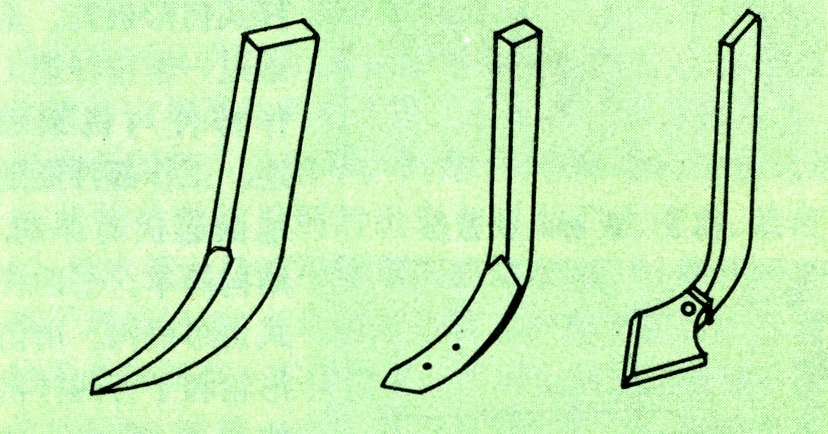 From left to right, they are the chisel-shaped soil-loosening blade, pointed soil-loosening blade, and arrow-shaped soil-loosening blade.